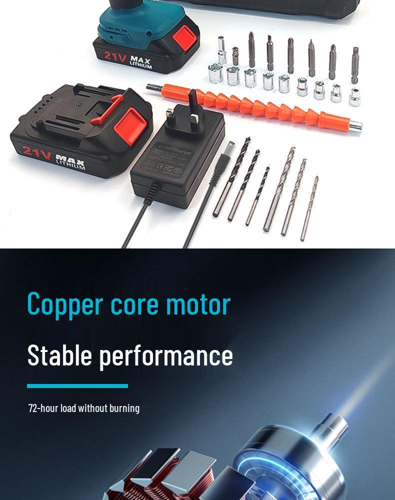 21V High-Power Brushed Lithium-Ion Hand Drill with Impact, Speed, & Three-Function Settings - Electric Drill Tool Set.