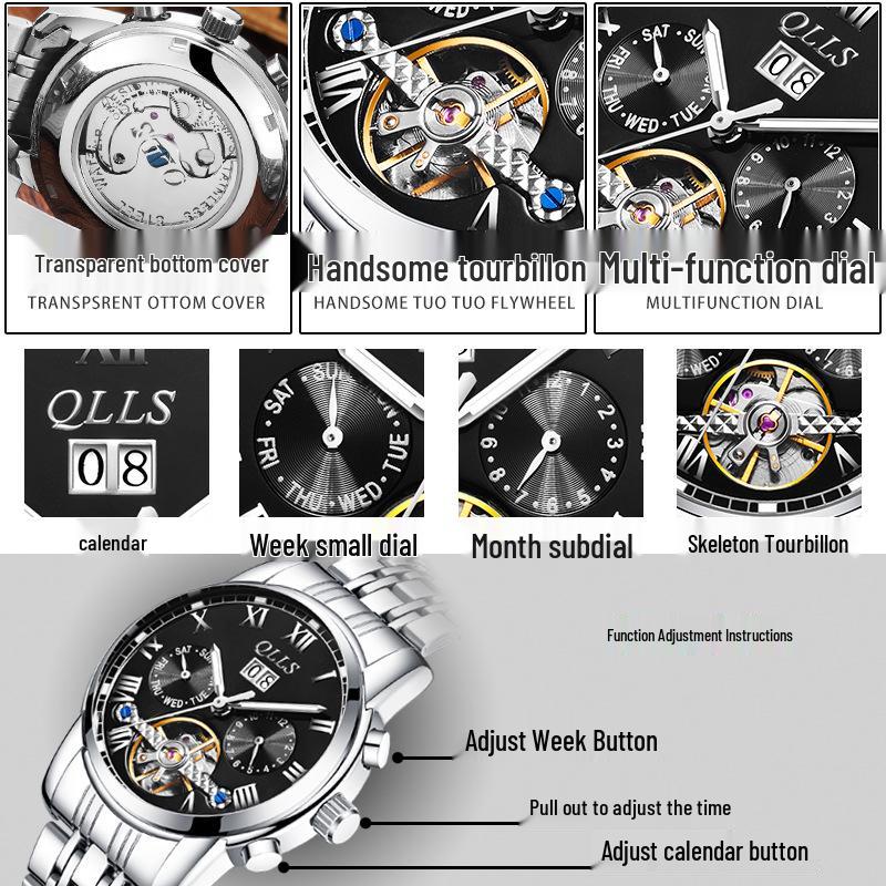 QLLS Men's Fashion Automatic Luminous Waterproof Skeleton Wristwatch - Business Casual Style