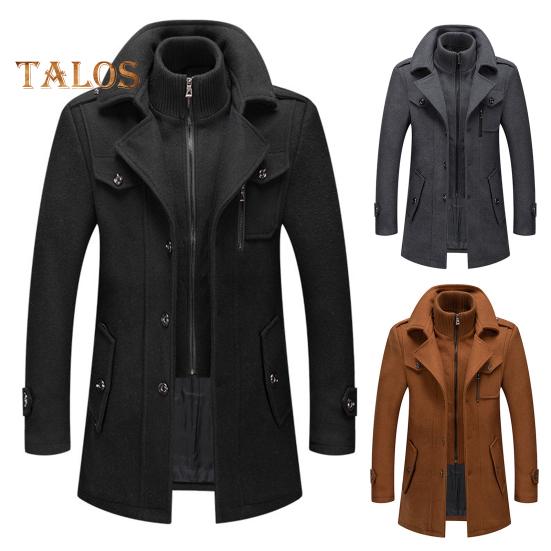 Men Woolen Coat Double Stand Collar Long Sleeve Single-Breasted Solid Color Jacket with Pockets Autumn Winter Mid-length Outwear