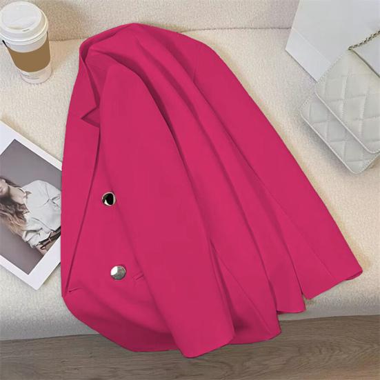 Women Suit Coat Lapel Long Sleeve Double Placket Suit Jacket with Pockets Solid Color Loose Fit Mid-length Business Outerwear