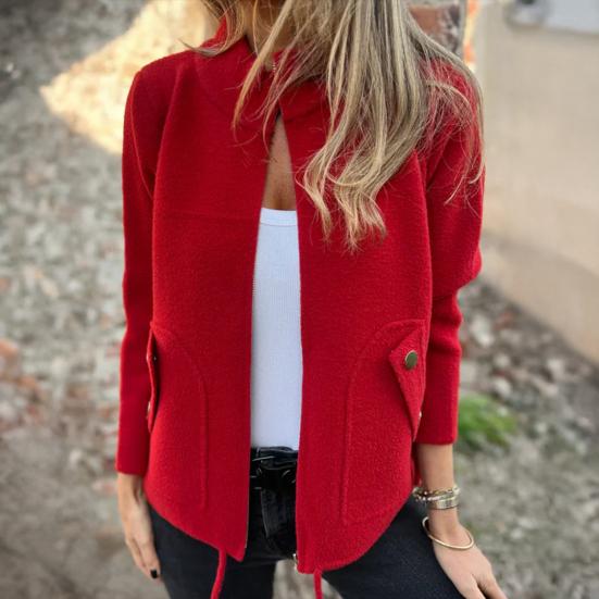 Women Jacket Stand Collar Long Sleeve Woolen Coat with Pockets Solid Color Warm Lightweight Coat Daily Wear