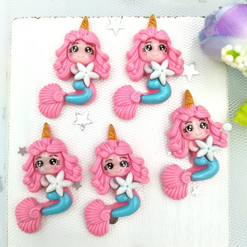 10Pcs/Lot New Kawaii Flatback Resin Unicorn Mermaid Princess Cabochons Accessories Simulated Polymer Clay Cartoon  Girls