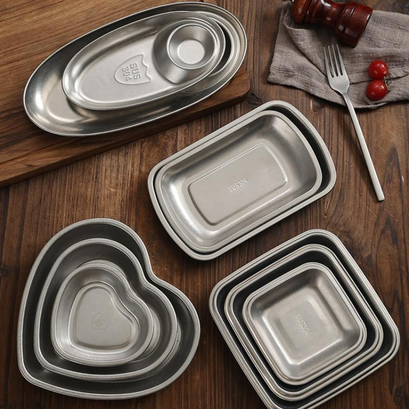 Vintage Roestvrijstalen Schalen Fruit Snack Schaal Borden Voedsel Opslag Hartvormige Schaal Steakbord voor Eten Keukenaccessoires