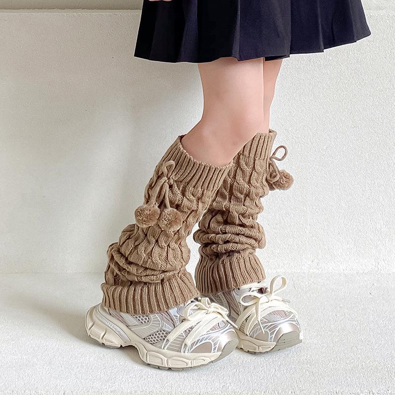 Korean Style Cable Knit Pom Pom Children's Leg Warmers - Autumn/Winter Fashion Slouch Socks for Baby Girls