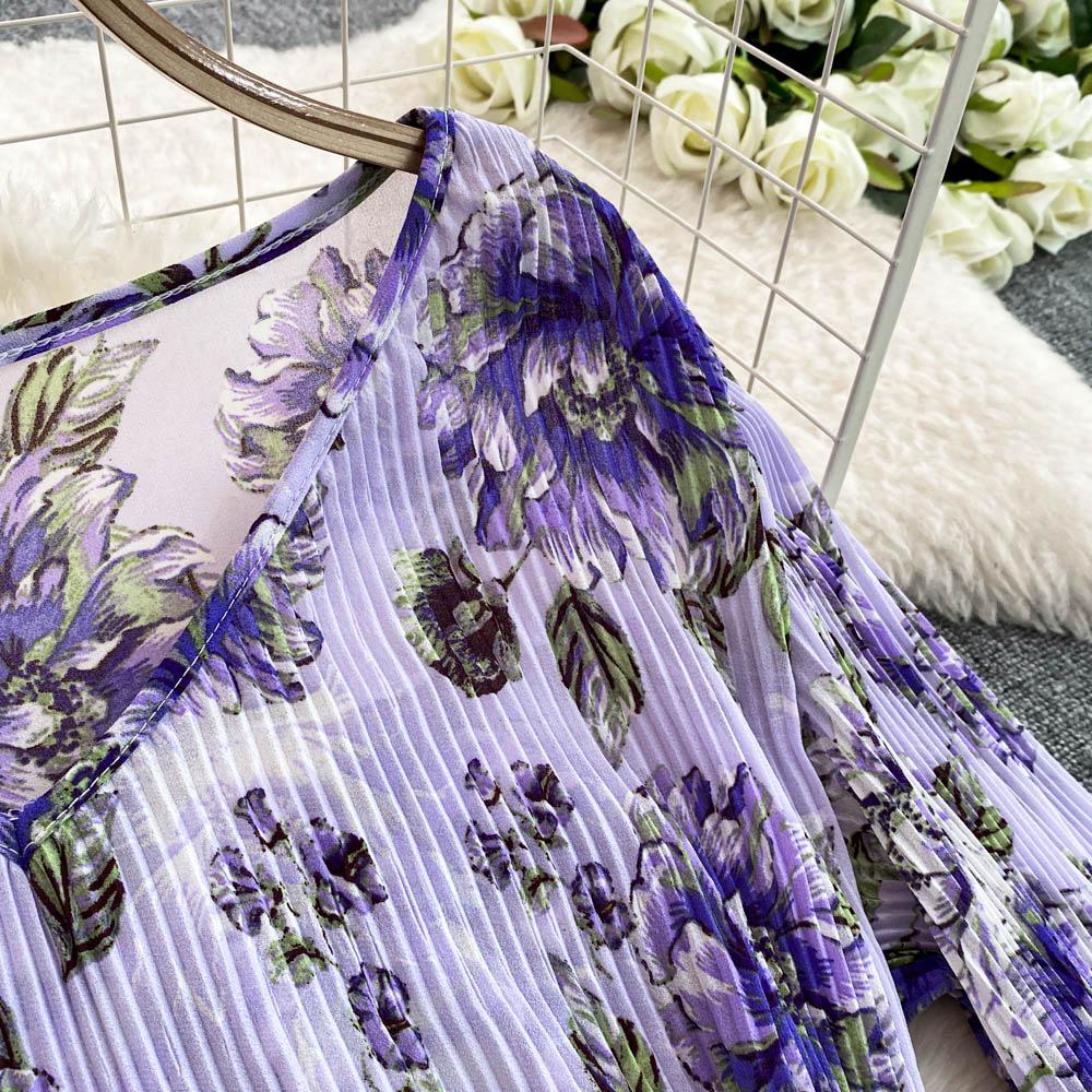 Mature Style Two-Piece Women's Suit: Loose Floral Pleated Shirt & High Waist Wide Leg Trousers
