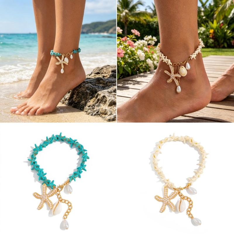Shell Detail Anklet for Women Starfish Pendant Bead Drops Gold Tone Chain Jewelry for Beach Vacation Summer Styling