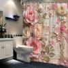 1Pc Vintage Floral Shower Curtain, Polyester Woven Fabric With Pink And Beige Roses Lace Design, Romantic Bathroom Decor, Washab