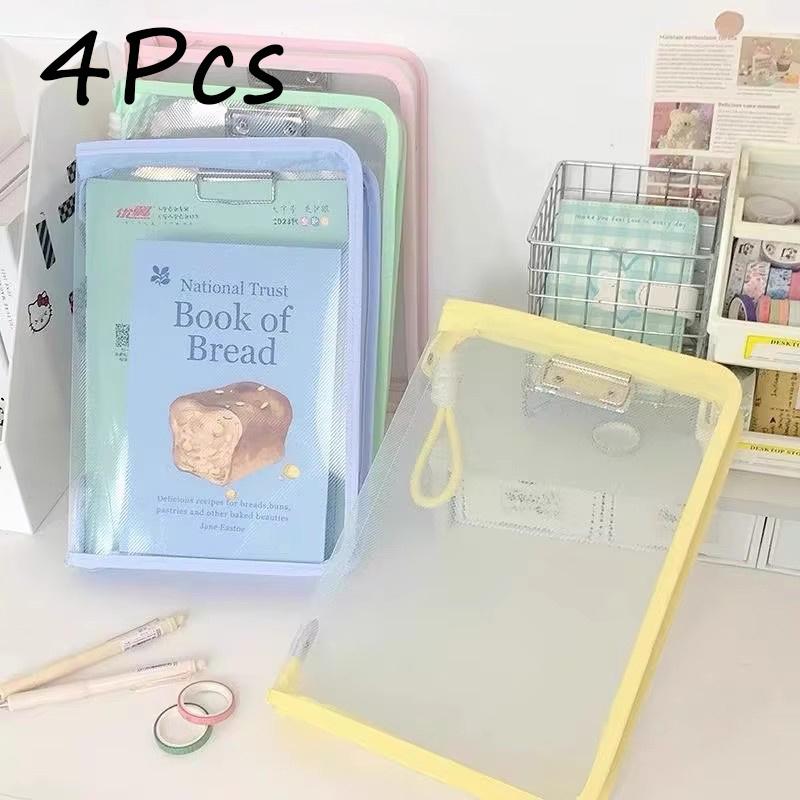 4Pcs Portable File Folder Case Transparent Handle Storage Organizer Bags A4 Zipper File Bag Candy Color Stationery Holder Supplies Holiday Gift Novel