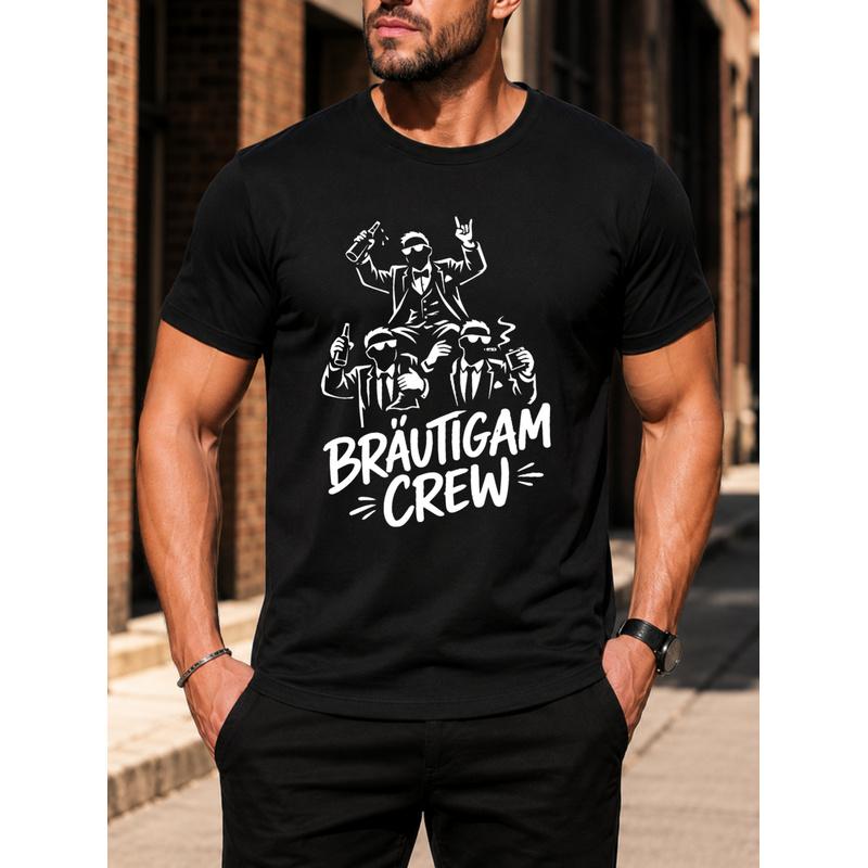 Bridegroom Crew with Three Men In Suits Holding Drinks And Making Gestures, Wedding Party Theme, for Groom And Groomsmen, Men's T-Shirt