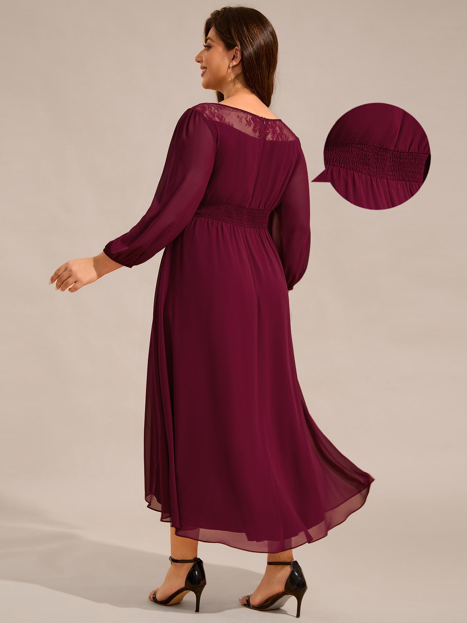 Элегантные женские прозрачные платья для гостей свадьбы длиной миди с круглым вырезом — фото 10