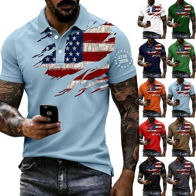 Men's Loose Fit Casual Polo Shirt Short Sleeve Flag Print Button Collar Summer Top Breathable Comfortable Fabric