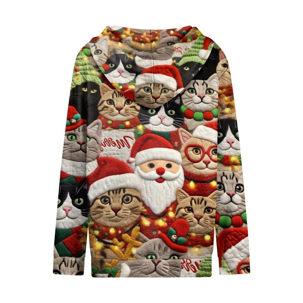 Women's Casual Fashion Long-Sleeved Zip-Up Christmas Print Knitted Hoodie