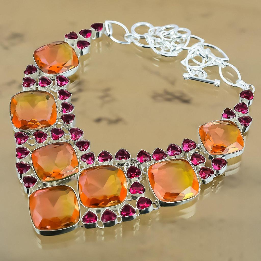 Gift For Women Chain Adjustable Necklace 925 Silver Natural Bi-Color Tourmaline