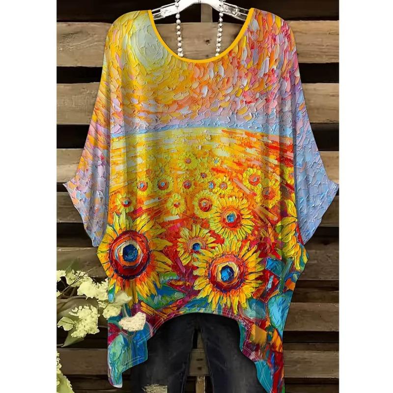 Boho Floralprint Damen T-Shirt Einfaches Vintage Unregelmäßiger Saum Rundhals T-Shirt Modische und Vielseitige Damenbekleidung
