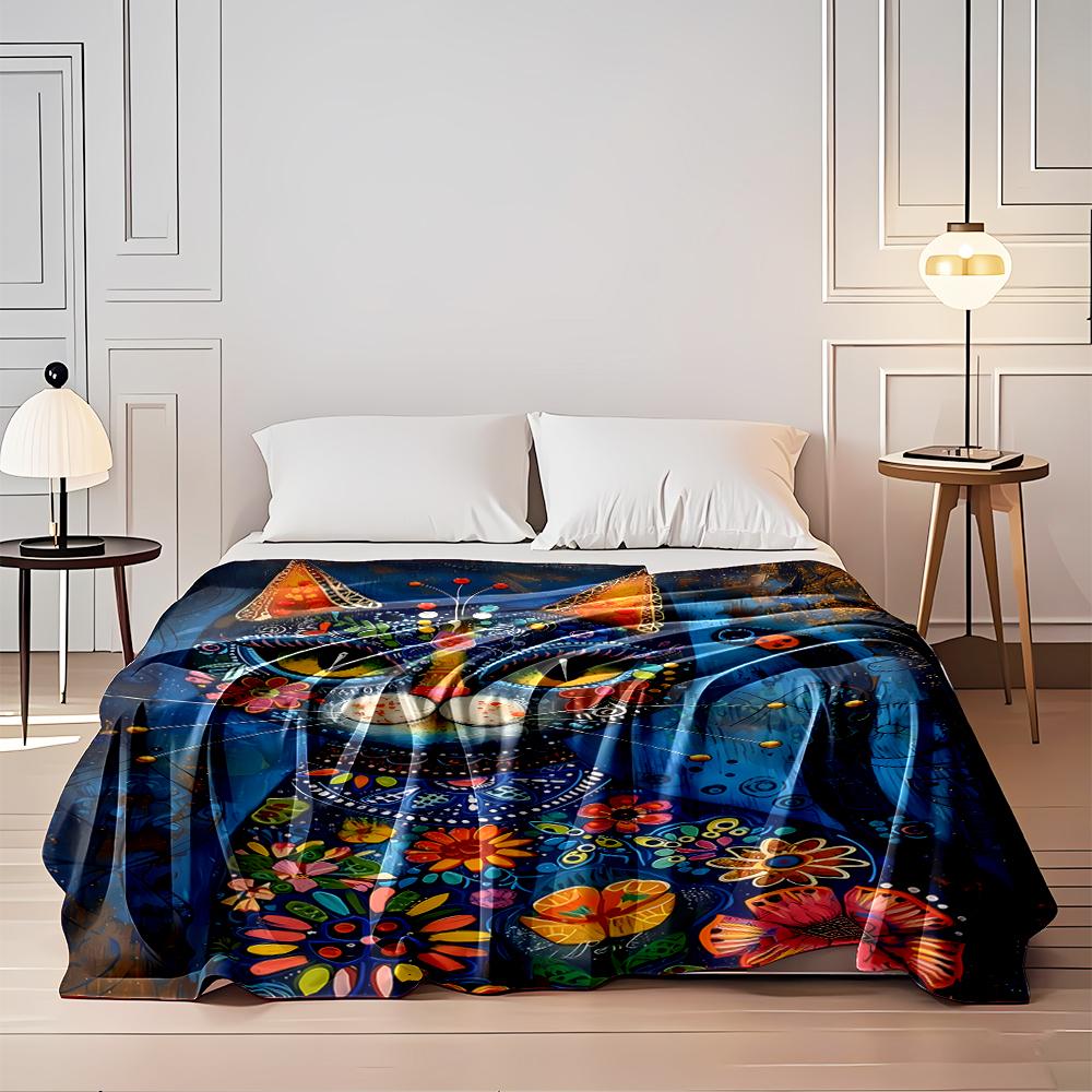 Colorful Artistic Cat with Floral Pattern Flannel blanket for bedroom, living room, sofa, and nap sofas.