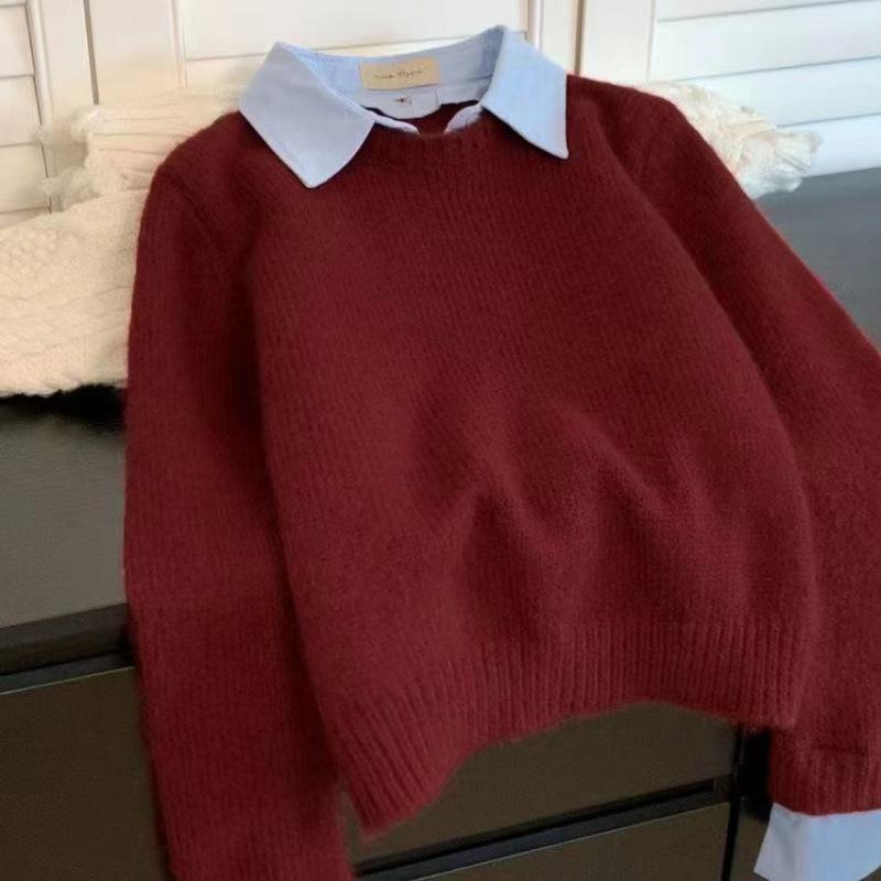 

Фальшивый воротник-свитер с двумя рубашками, Ленивый осенне-зимний базовый серый вязаный свитер-топ L красный