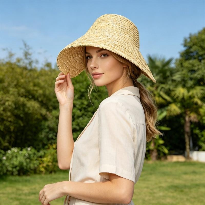 Natural Woven Straw Bonnet Hat Decorative French Style Wide Brimmed Sun Hat For Outdoor Garden Party Photography