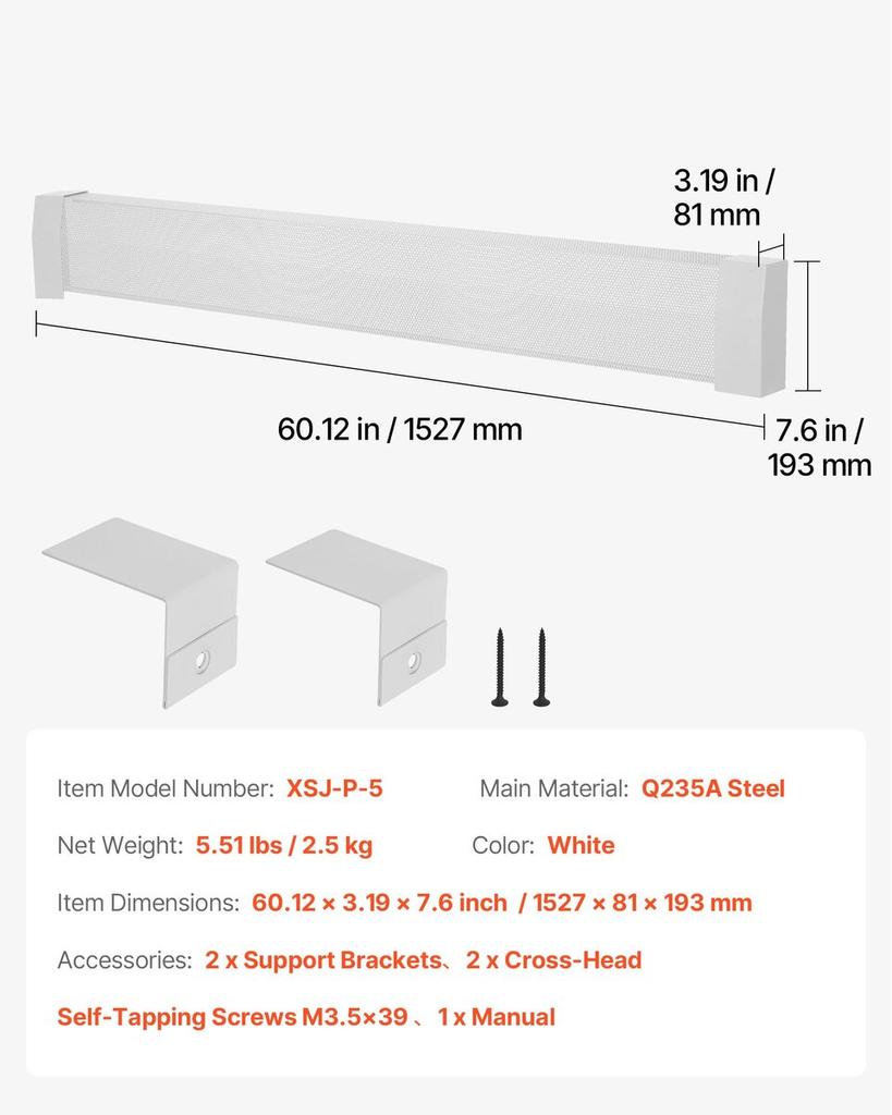 Baseboard Heater Covers, Premium Series 1527 mm Standard Electric Heating Unit Front Cover for Home Improvement, Heavy-duty Steel, Easy Installation