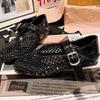 Soft leather version~ European rhinestones full of diamonds fishing nets hollowed out one word Mary Jane bag head flat sole single shoes bag head san