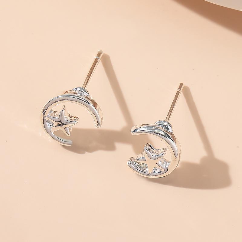 Eco-friendly Star and Moon Alloy Stud Earrings for Women – Light Luxury Trendy Summer Style