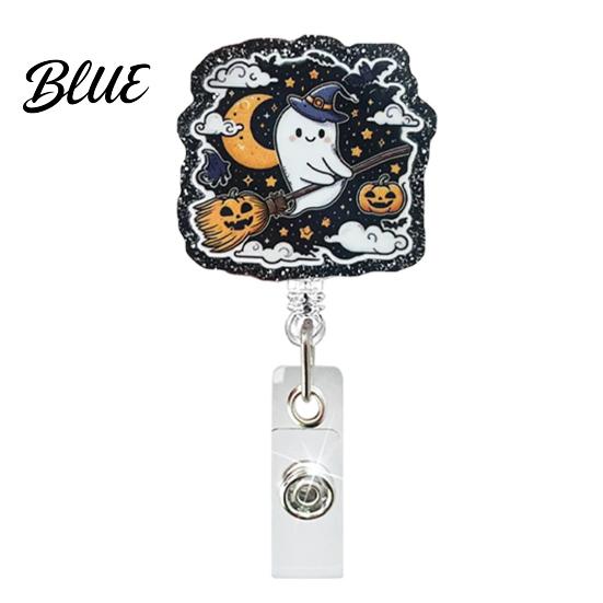 Witch ID Holder Retractable Badge Holder Halloween Glitter Acrylic Reel Cute Ghost Decorative Reel Pumpkin Card for Nurse Doctor Teacher Worker