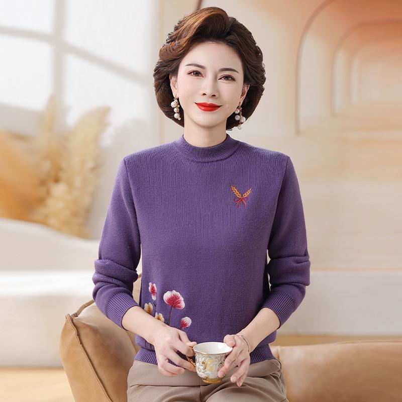 Fleece-Lined Knitted Sweater: Warm Winter Base Layer for Middle-Aged and Elderly Women