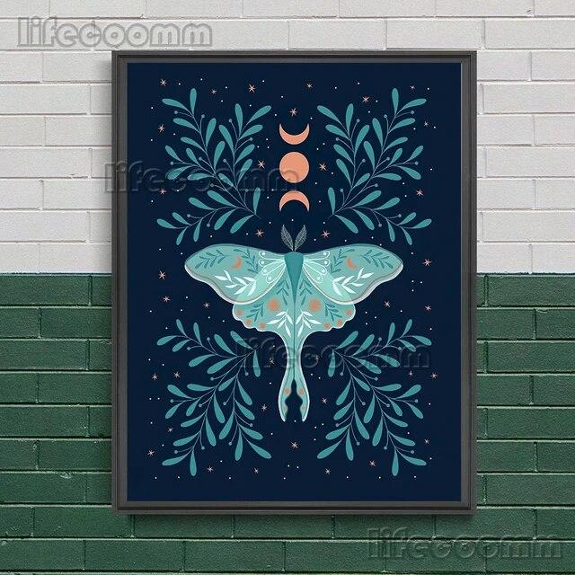 2023 księżycowa faza księżyca i magiczna ćma obraz ścienny na płótnie wąż, roślina, księżyc, elementy czarów plakat artystyczny dekoracja z nadrukiem bez ramki
