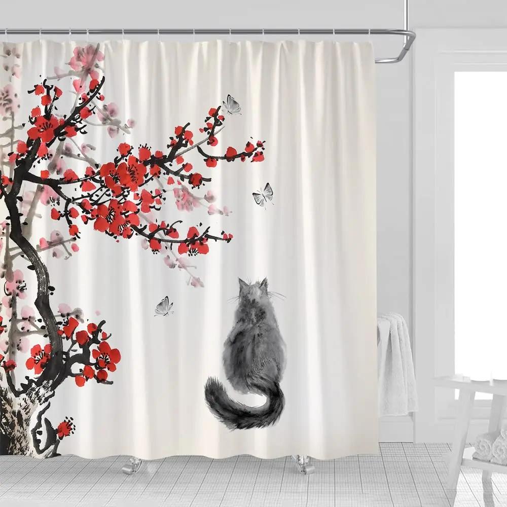 Zen Cat and Dragonfly Bath Curtain - High-Quality Waterproof and Mildew-Proof Bathroom Decor for a Calm, Oriental-Inspired Home
