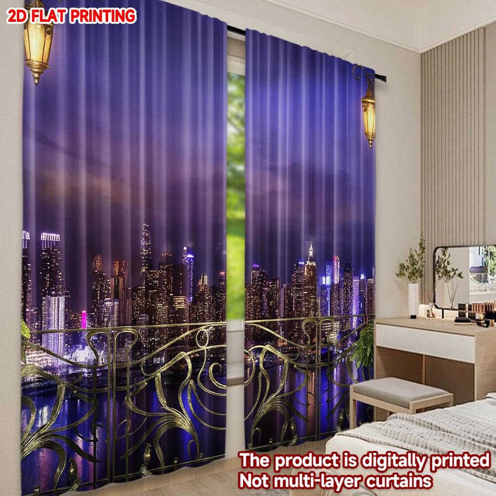 2D flat printing 2pcs Curtain Cityscape Night View Digital Printed Polyester Drapes Family Party for All Occasions for Bedroom