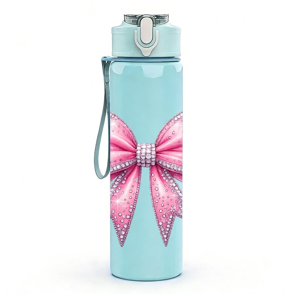 1PC Elegant Pink Fabric Bow Decoration Print 750ml Color Plastic Sports Water Bottle Leakproof Flip Straw Lid Suitable for Sports Office Home Use
