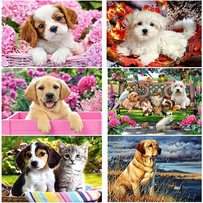 Pittura Diamante 5D Fai da Te Cane &; Ricamo Diamante Fiore Trapano Tondo Completo Animale Mosaico Strass Punto Croce Decorazione Casa Regalo