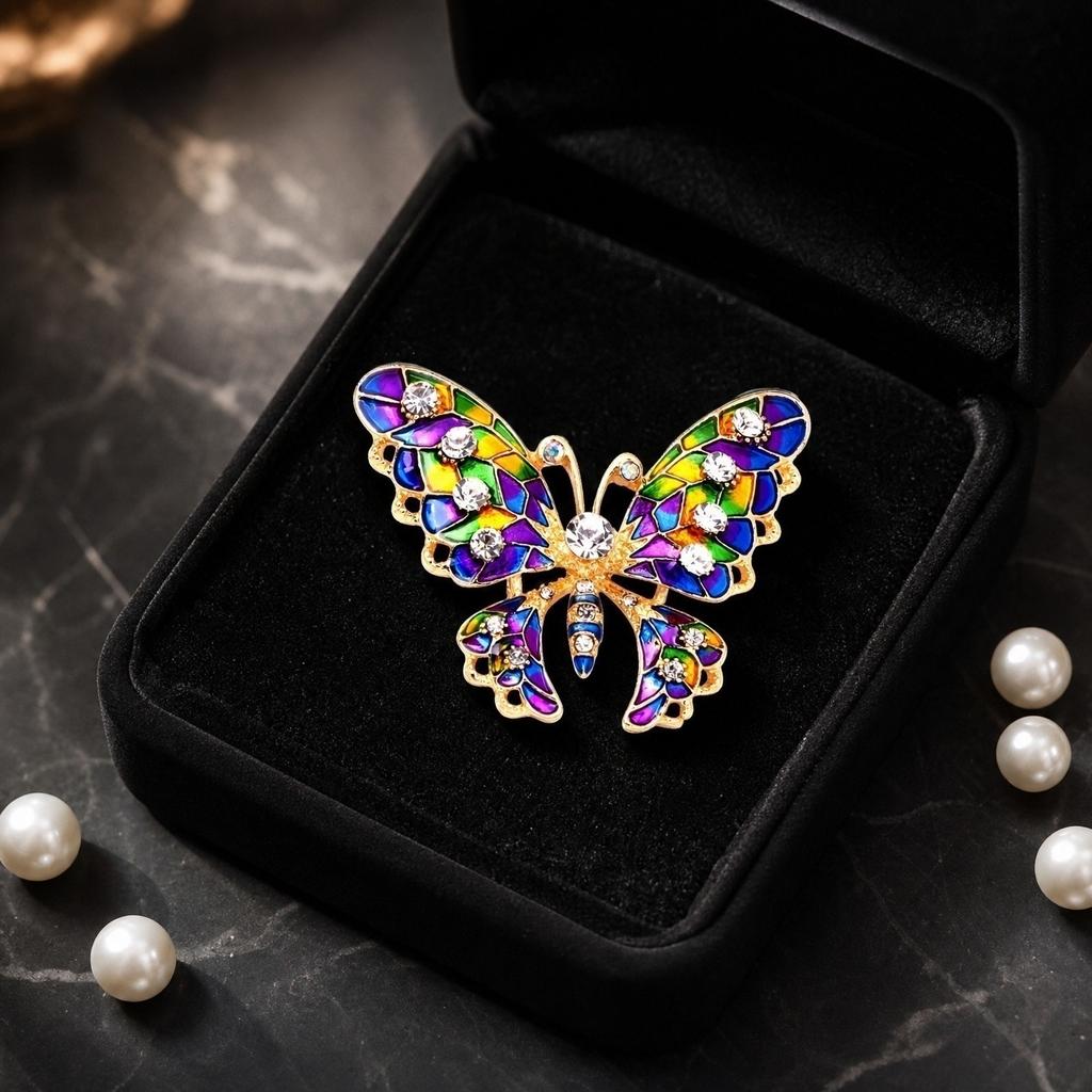 Butterfly Brooch with Colorful Enamel and Crystal Accents Elegant Design Lightweight Metal Alloy Pin for Clothing Accessories