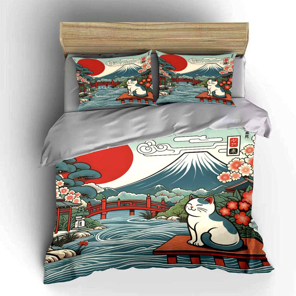 Japans Landschap Schattig Kattenpatroon Drie Delig Set Exclusieve Drie Delige Beddengoed Set Cadeau Voor Kinderen En Volwassenen EU Twin 135X200cm&set