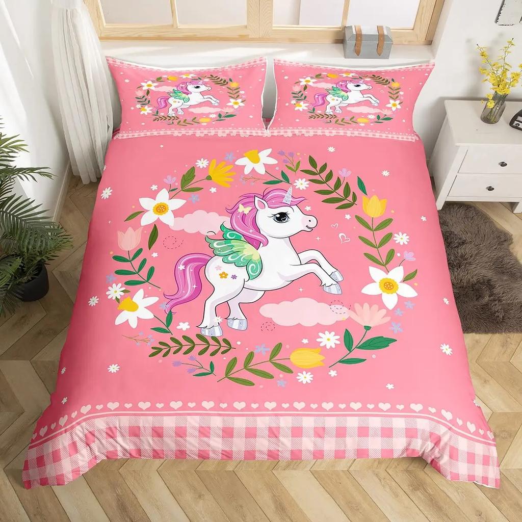 Girls Unicorn Duvet Cover Set King Size Cute Golden Glitter Unicorn Bedding Set Pink Floral Quilt Cover Fantasy Animals Bed Set