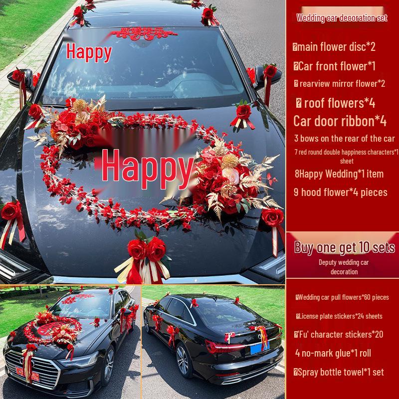 Complete Wedding Car Decoration Set: Front Flower Main Car and Lead Car Arrangement