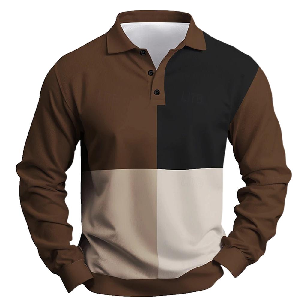 Men's Casual Loose Colorblock Print Lapel Button Long Sleeve Top