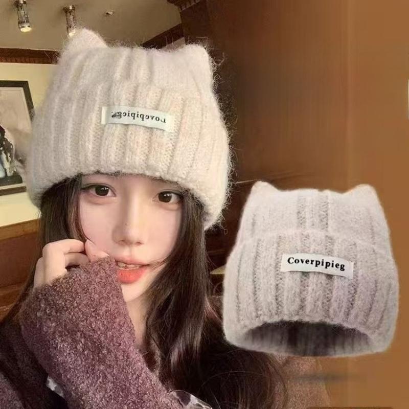 Kitten Ears Wool Hat Women's Autumn and Winter Korean Versatile Knitted Hat Big Head Circumference Showing Small Face Thickened Warm Cold Hat