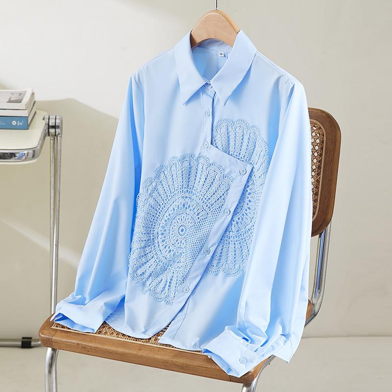 White Top Womens Long Sleeves Spring and Autumn Embroidered Top Embroidered Womens Top S