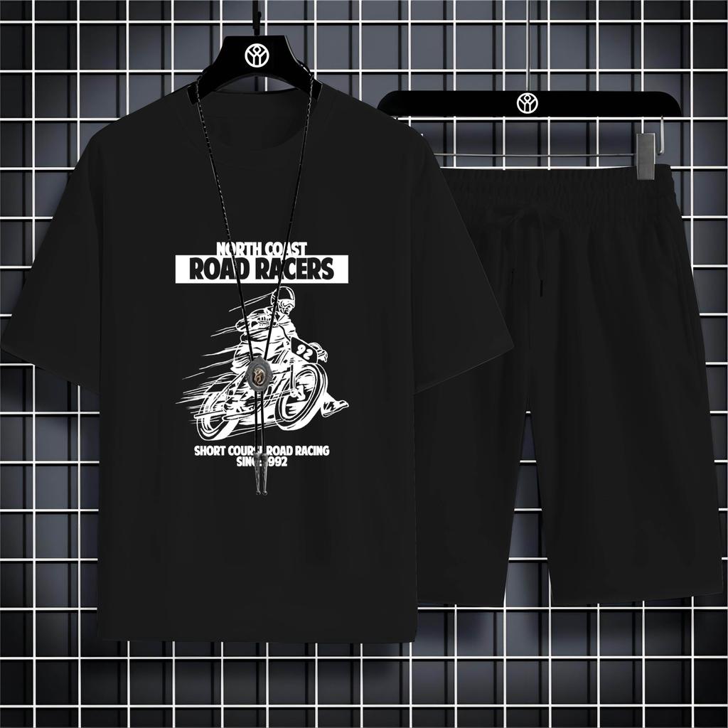 Summer Round Neck Men'S Outdoor Casual 2d Motorcycle Print Loose Comfortable Breathable Short Sleeve T-Shirt Beach Set T-Shirt