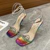 Women Bowknots Crystal Heeled Sandals Fashion Square Toe Rhinestone Decor Ankle Strap Heels For Party Wedding Prom