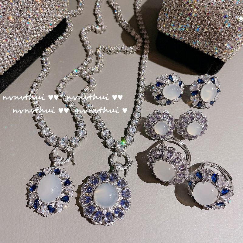 Bright Luminous Deep Sea Sapphire Necklace, 18K Gold-Plated Purple Water Drop Zircon Full Diamond Neck Chain, Ring, Bracelet.