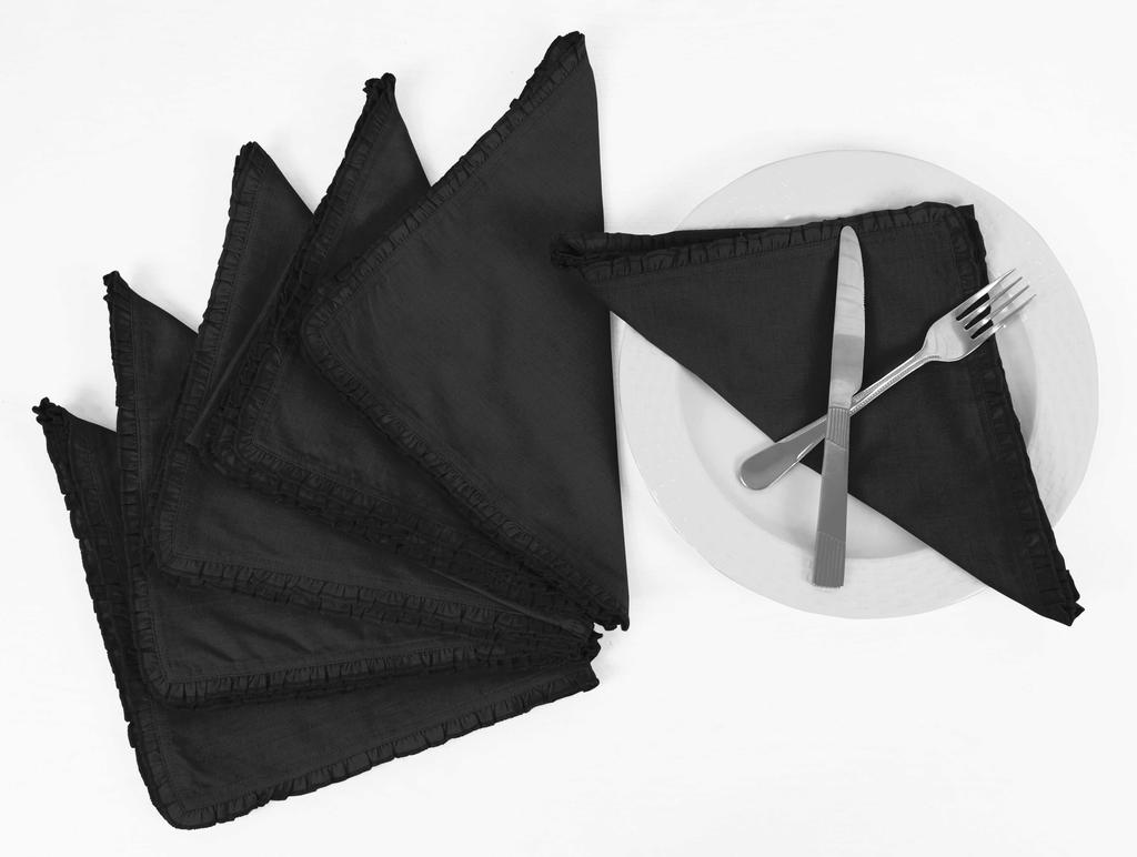 Vargottam Black Solid Home Decor Everyday Washable Frill Placemats With Napkins Dining Table Decor-Pack Of