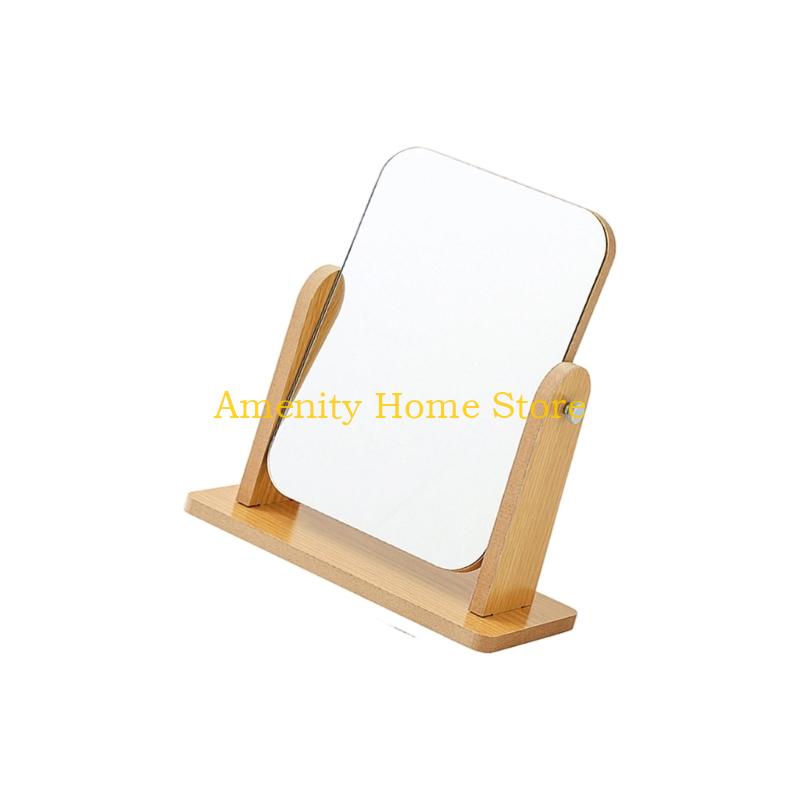 F26C Elegant Desk Makeup Mirror Cosmetic Mirror with Wooden Stand Vanity Mirror Rotatable Makeup Mirror Dormitory Room Decors
