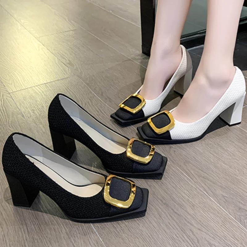 Slip On Retro Women Shoes Gold  Heels Sandals Ladies All-Match Branded Pumps Square Toe 2024 Basketball Platform Slip-On Lace-Up