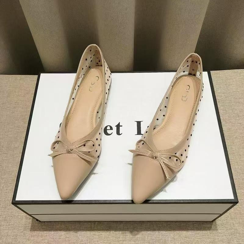 2025 New Pointed Mesh Flat Shoes To Work Breathable Bow Sandals Hollow Soft Sole Shallow Mouth Outer Wear Single Shoes