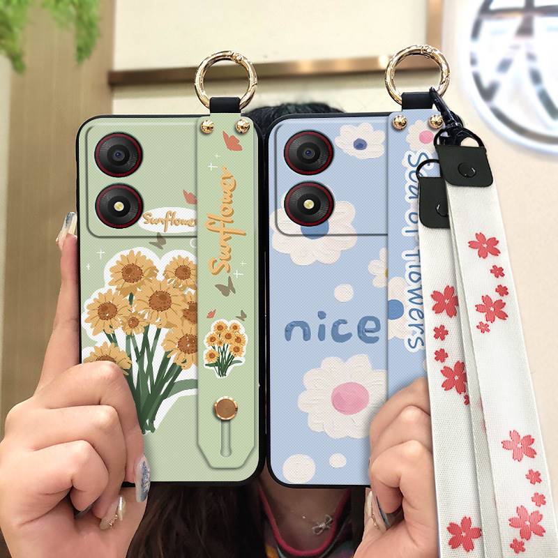 Kickstand Oil Painting Phone Case For ZTE Blade A34 Anti-dust Ring Fashion Design Anti-knock Lanyard Wrist Strap Flower