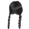 Women Black Double Braided Wig with Bangs Fluffy Natural Silky High Temperature Fiber Girls Long Dual Braids Synthetic Hair
