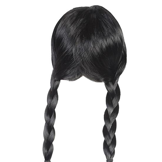 Women Black Double Braided Wig with Bangs Fluffy Natural Silky High Temperature Fiber Girls Long Dual Braids Synthetic Hair