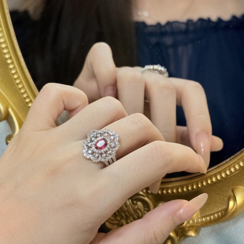Women s Fashion Ruby Flower Adjustable Ring - Full Diamond Simulated Open Band Adjustable Size
