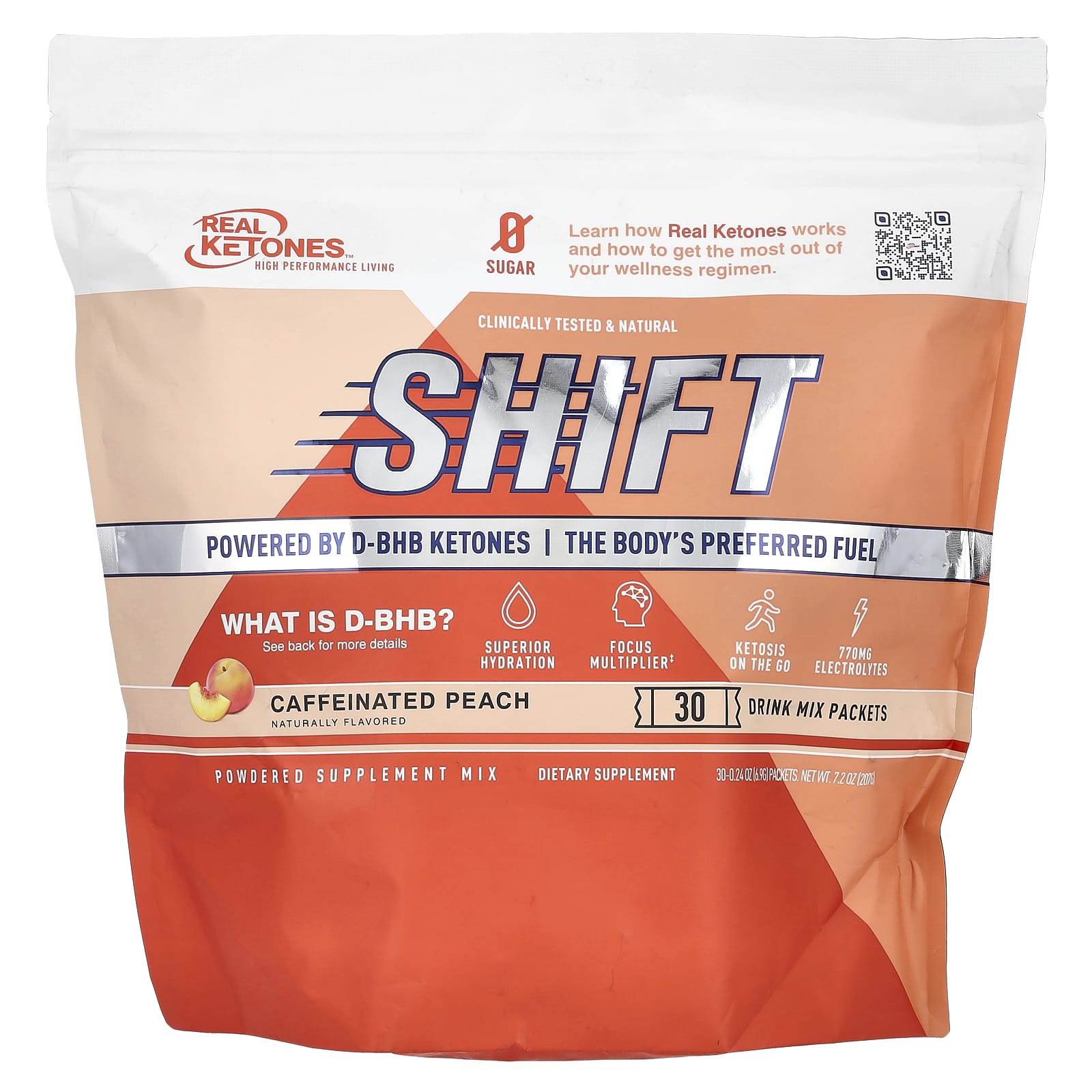

Real Ketones, Shift, Caffeinated Peach, 30 packs of drink mix, 0.24 oz (6.9 g) each